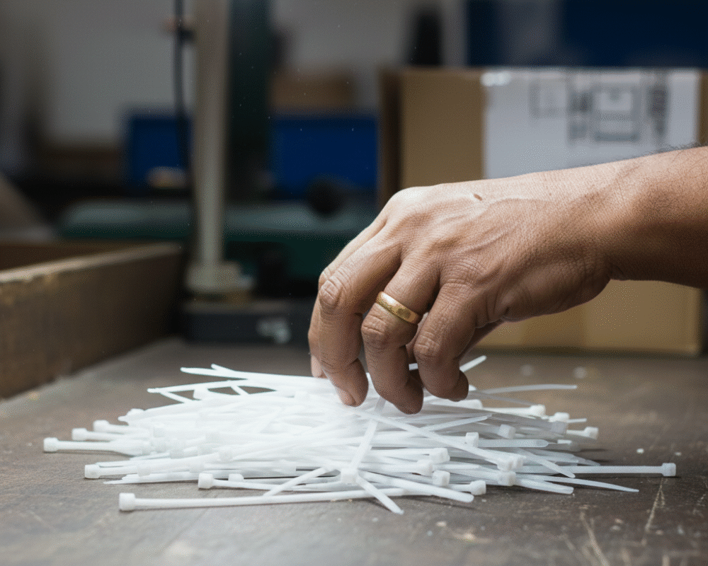 white nylon cable ties being sorted by hand