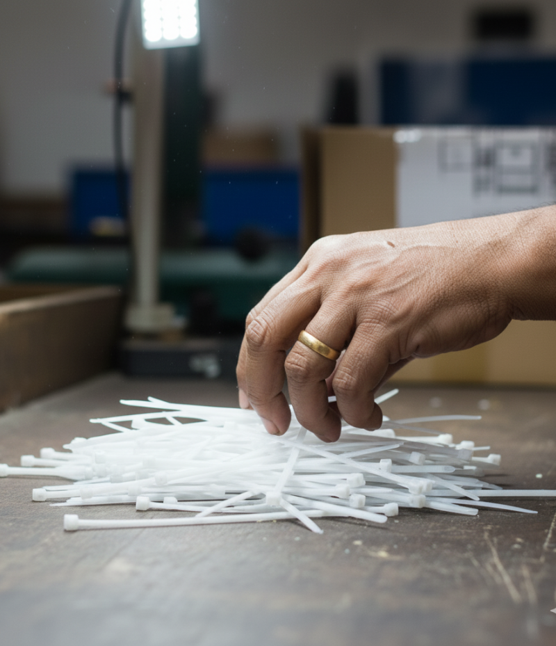 white nylon cable ties being sorted by hand